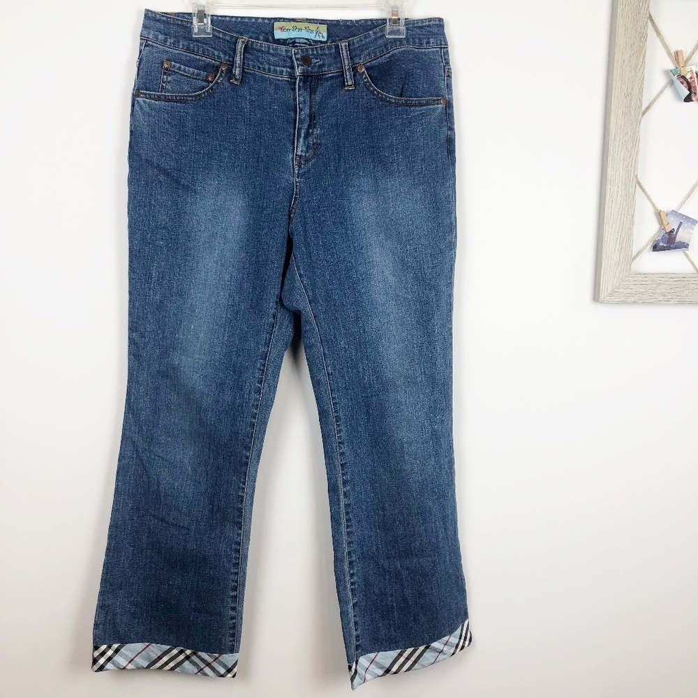 Too She She Hi-Rise Flare Mom Jeans Plaid Cuff